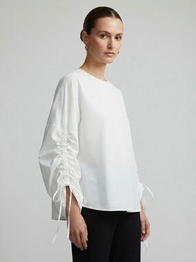 Tibi White Ruched Tie-Sleeve Blouse